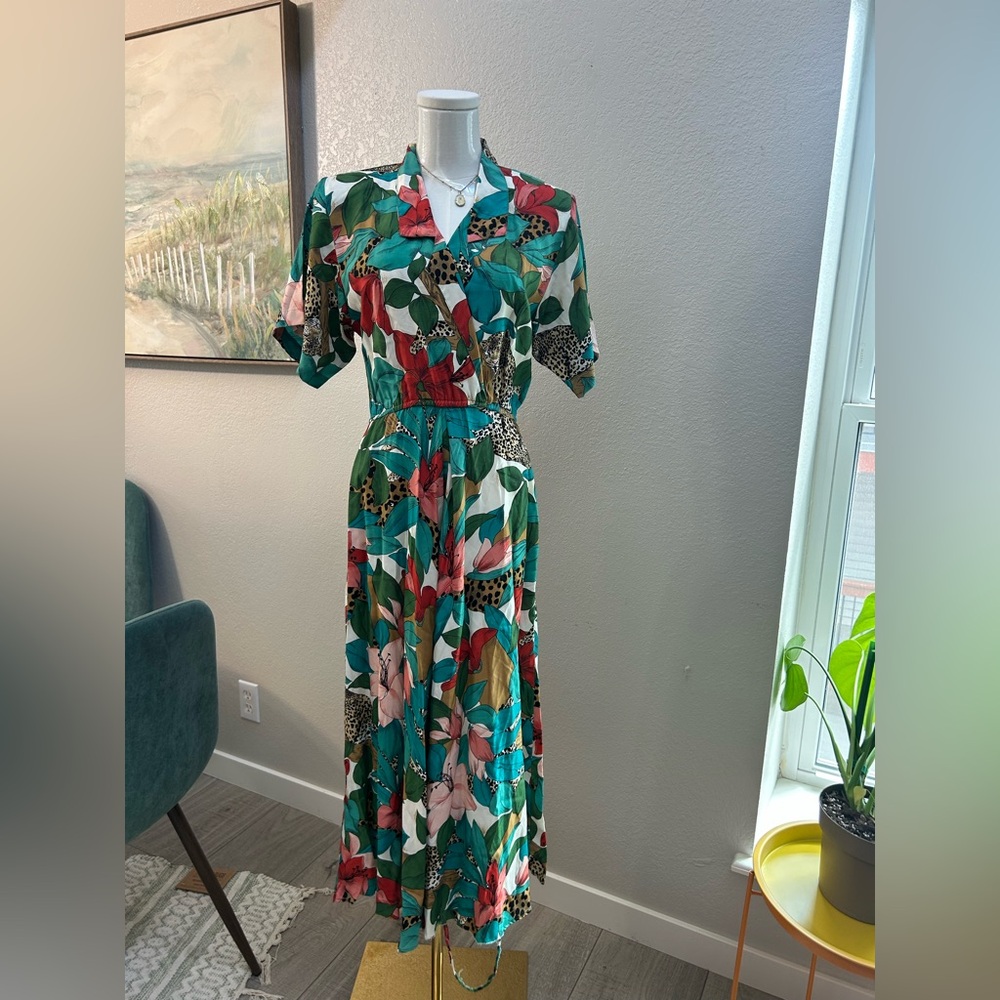Vintage 90s Leopard Floral Jungle‎ Print Dress Carol Anderson California 5/6 (S)